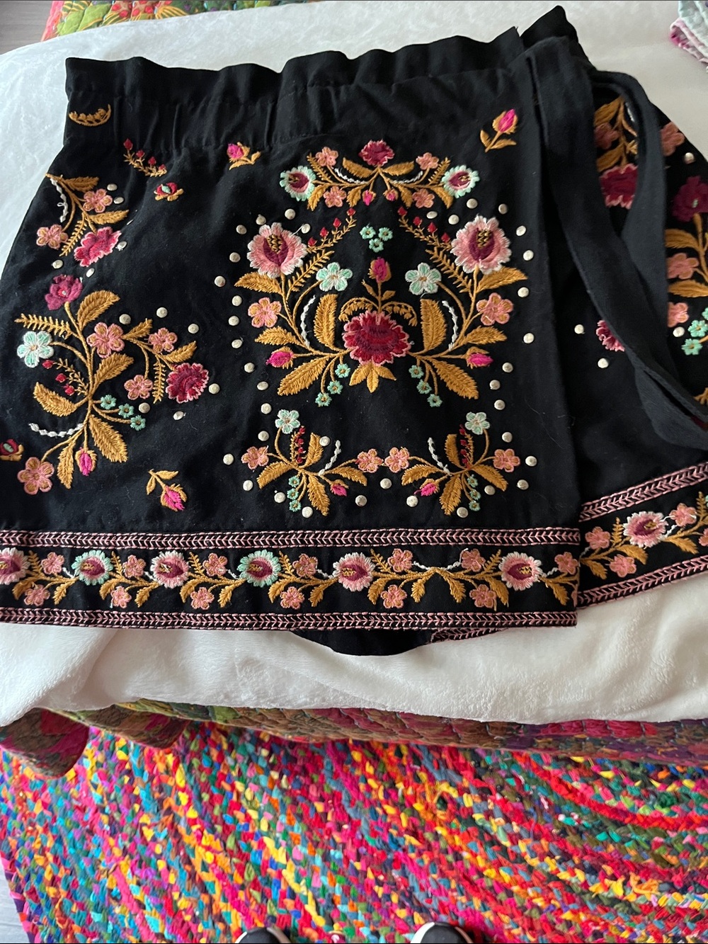 Zara Black Mini Skirt/shorts with Multicolor Floral Embroidery
